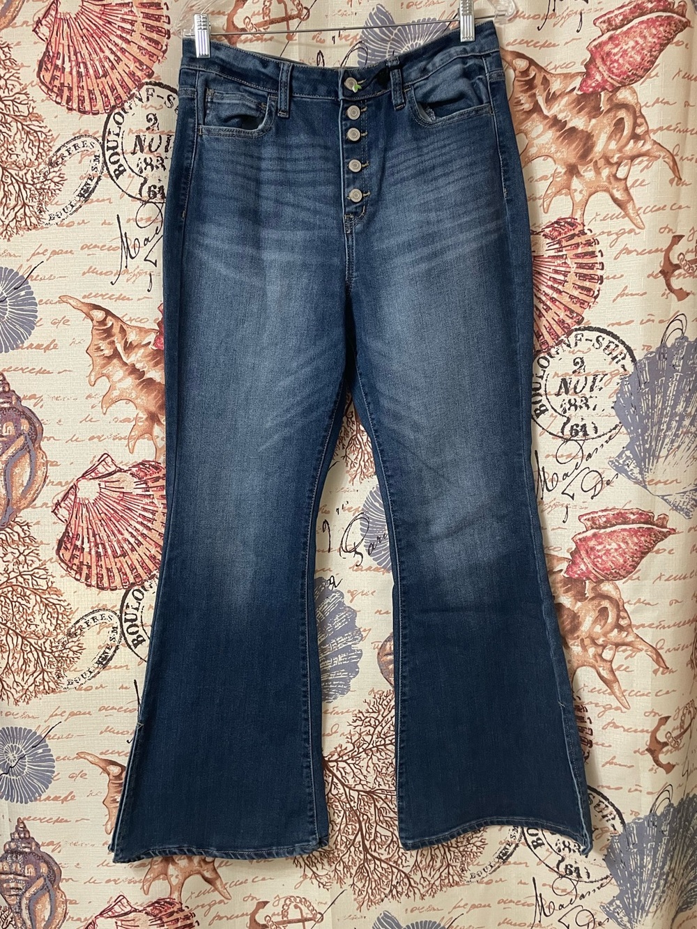 High-Rise Button Flare Jeans - Blue